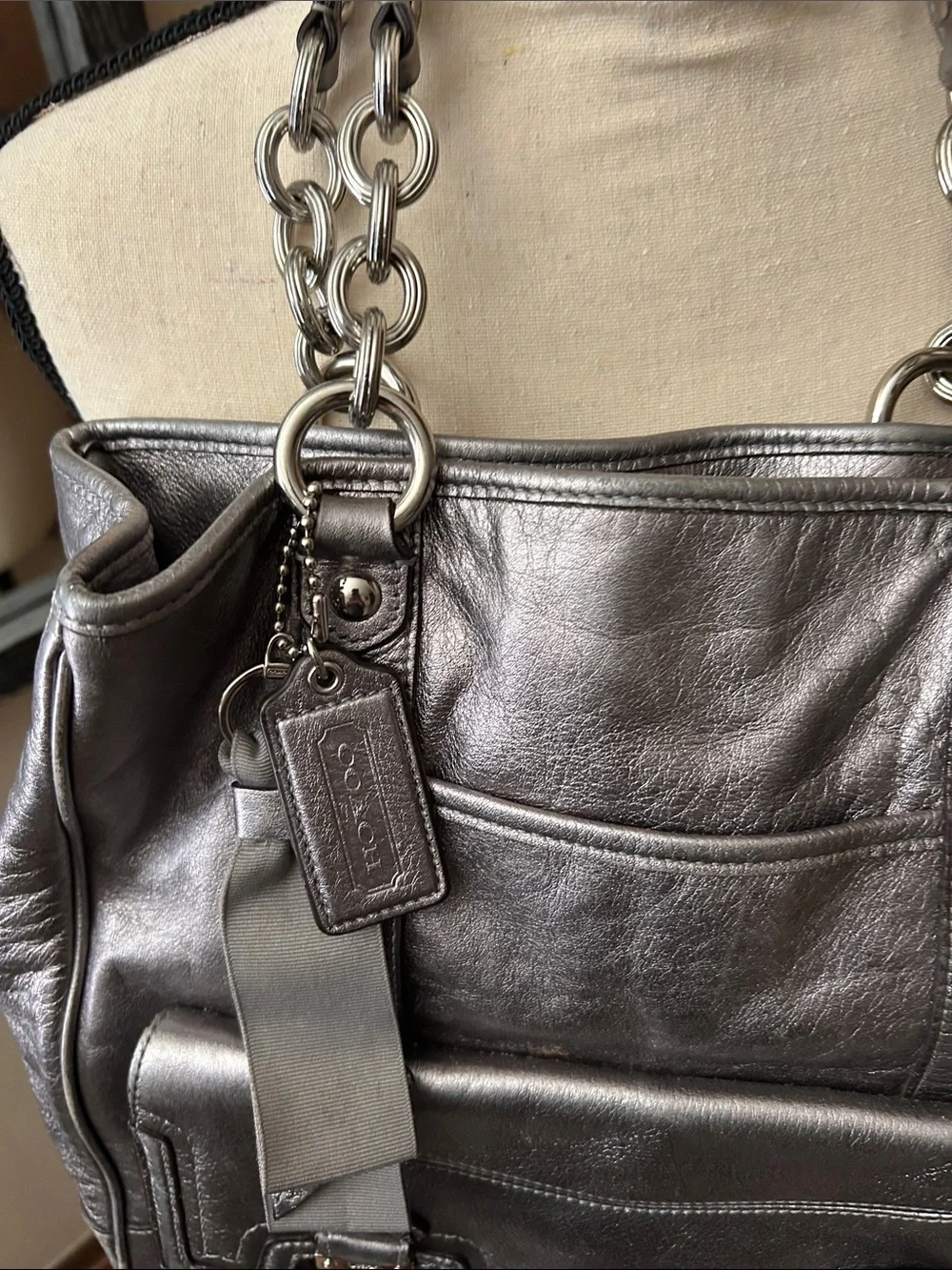 Coach Metallic Silver Leather Shoulder Tote